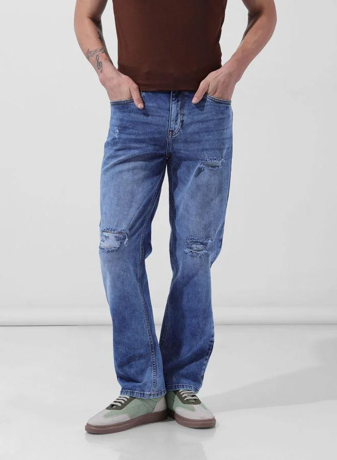 The Indian Garage Co Men Regular Fit Solid Scoop Pocket Mid-Rise Jeans